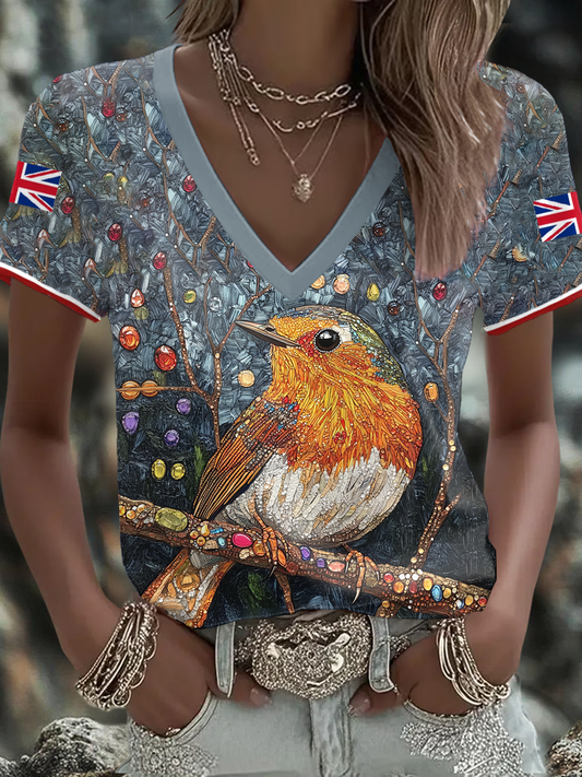 Women's UK Flag Art Rose Printed T-shirt trupatriotic