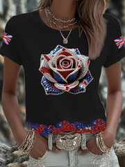 Women's British imitation diamond hot-drilling Printed short-sleeved T-shirt trupatriotic