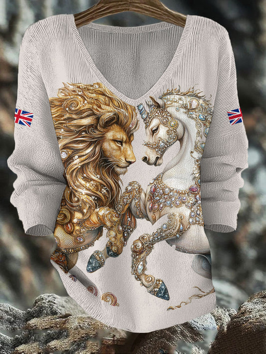 Women's Retro Lion Unicorn UK Flag Printed Tops trupatriotic