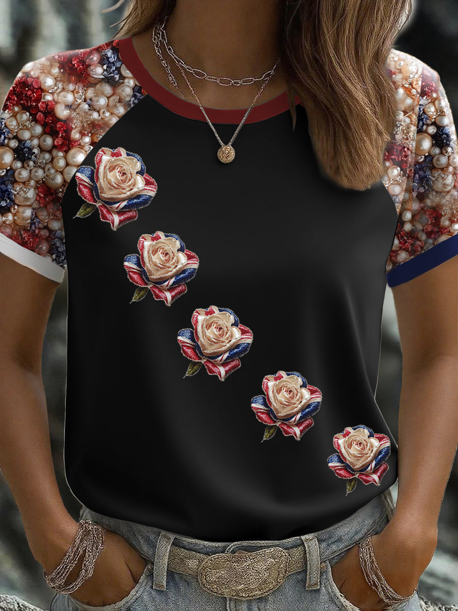Women's UK Flag Rose Art Printed T-shirt trupatriotic