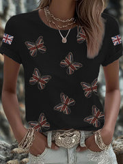 Women's British imitation diamond hot-drilling Printed Iron On Short Sleeve T-Shirt trupatriotic