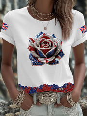 Women's British imitation diamond hot-drilling Printed short-sleeved T-shirt trupatriotic