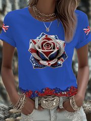 Women's British imitation diamond hot-drilling Printed short-sleeved T-shirt trupatriotic
