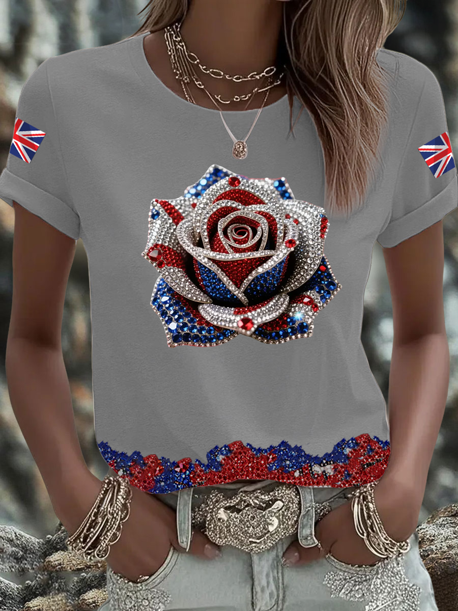 Women's British imitation diamond hot-drilling Printed short-sleeved T-shirt trupatriotic