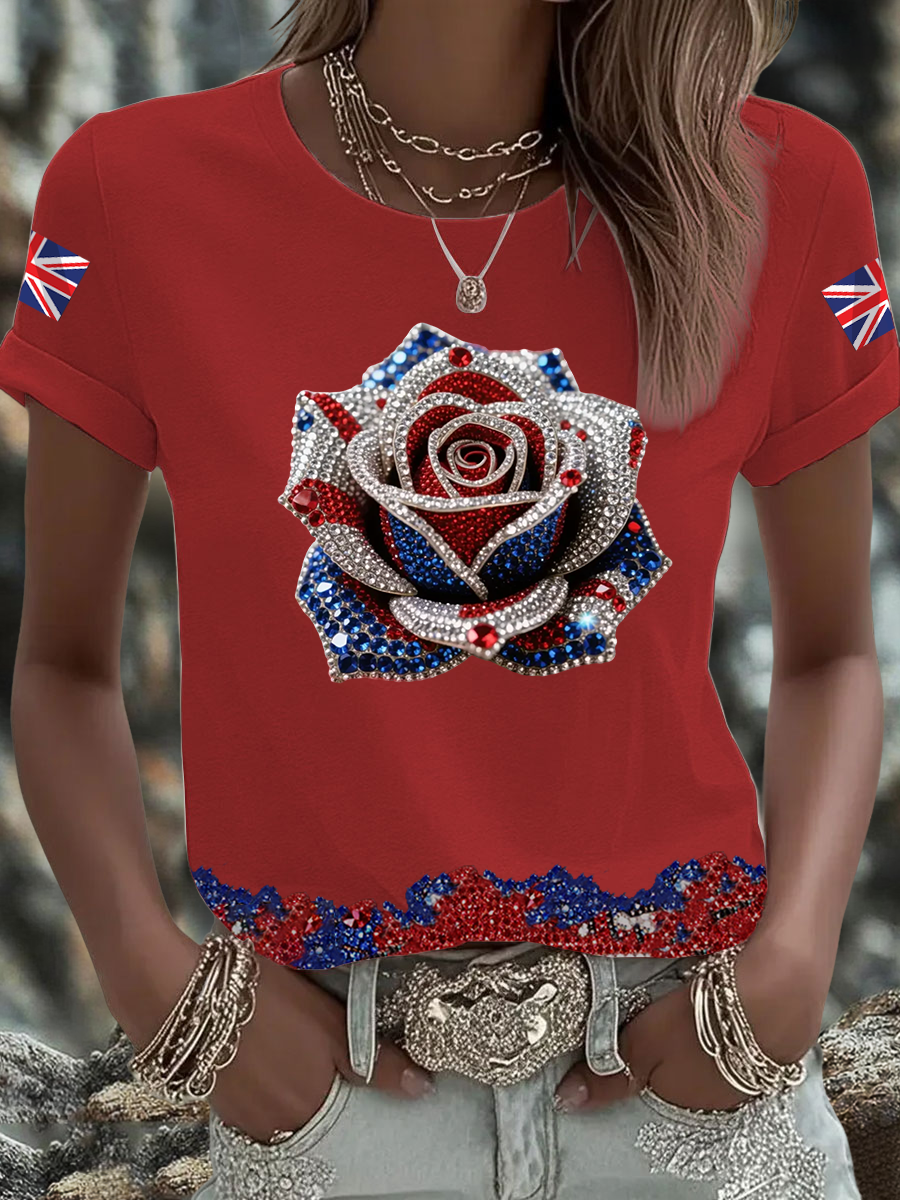 Women's British imitation diamond hot-drilling Printed short-sleeved T-shirt trupatriotic