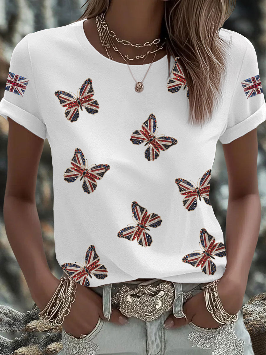 Women's British imitation diamond hot-drilling Printed Iron On Short Sleeve T-Shirt trupatriotic