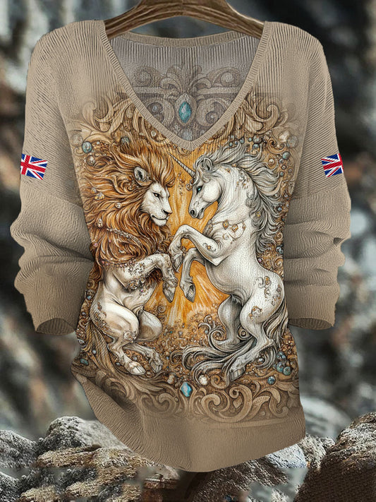 Women's Retro Lion Unicorn UK Flag Printed Tops trupatriotic