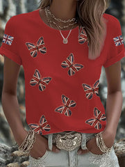 Women's British imitation diamond hot-drilling Printed Iron On Short Sleeve T-Shirt trupatriotic