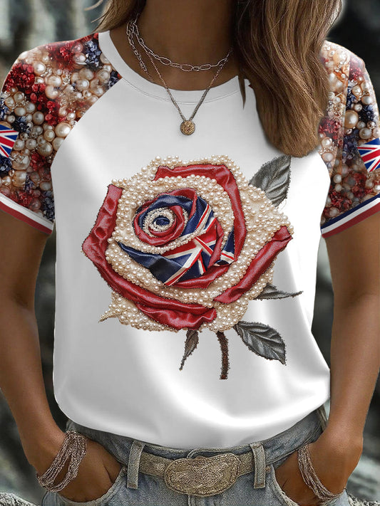 Women's UK Flag Rose Art Printed T-shirt trupatriotic