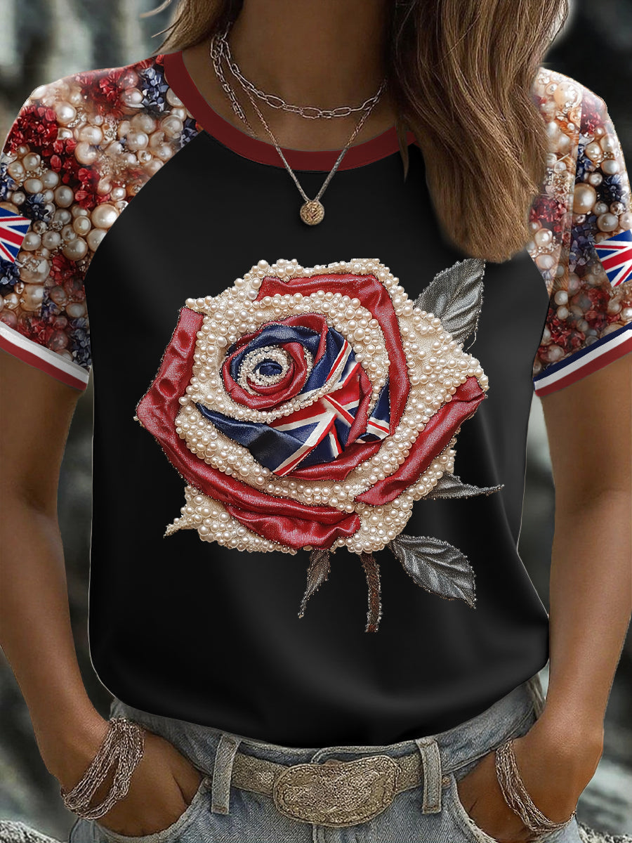 Women's UK Flag Rose Art Printed T-shirt trupatriotic