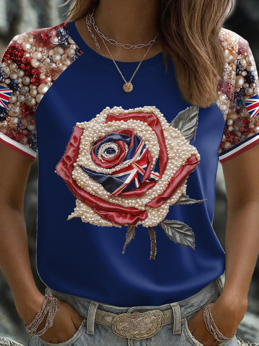 Women's UK Flag Rose Art Printed T-shirt trupatriotic