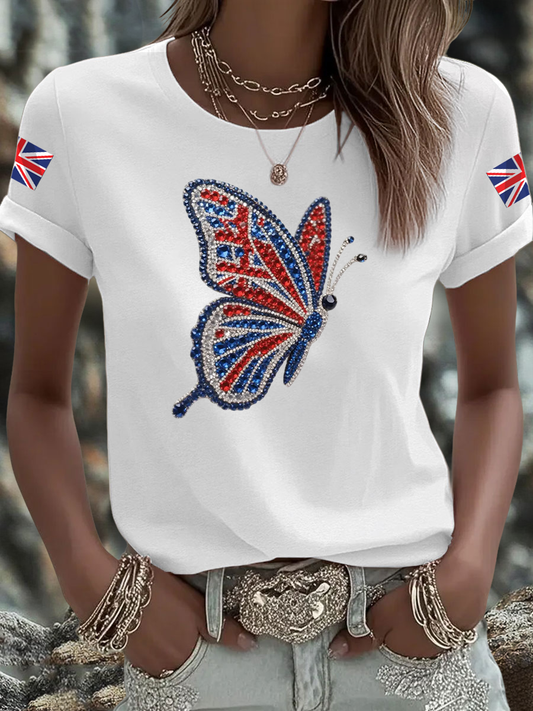 Women's British imitation diamond hot-drilling Printed short-sleeved T-shirt trupatriotic
