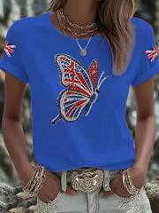 Women's British imitation diamond hot-drilling Printed short-sleeved T-shirt trupatriotic
