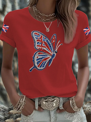 Women's British imitation diamond hot-drilling Printed short-sleeved T-shirt trupatriotic