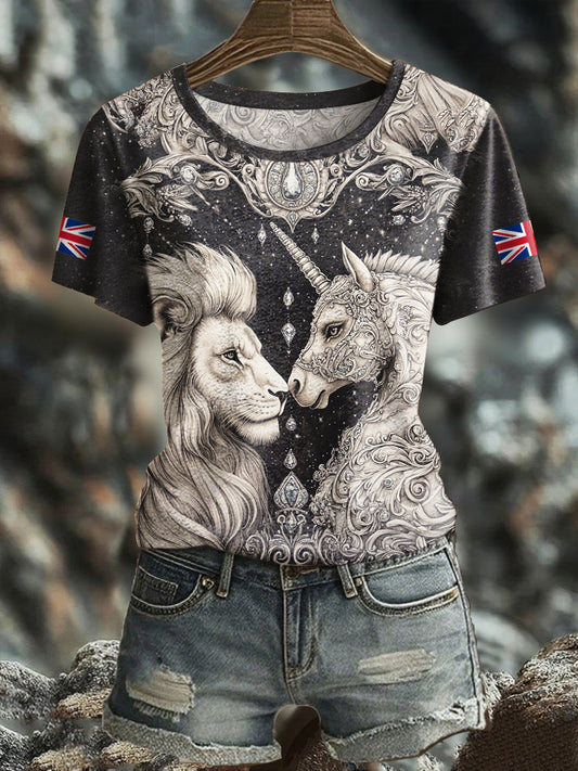 Women's Retro Lion Unicorn UK Flag Printed T-Shirt trupatriotic