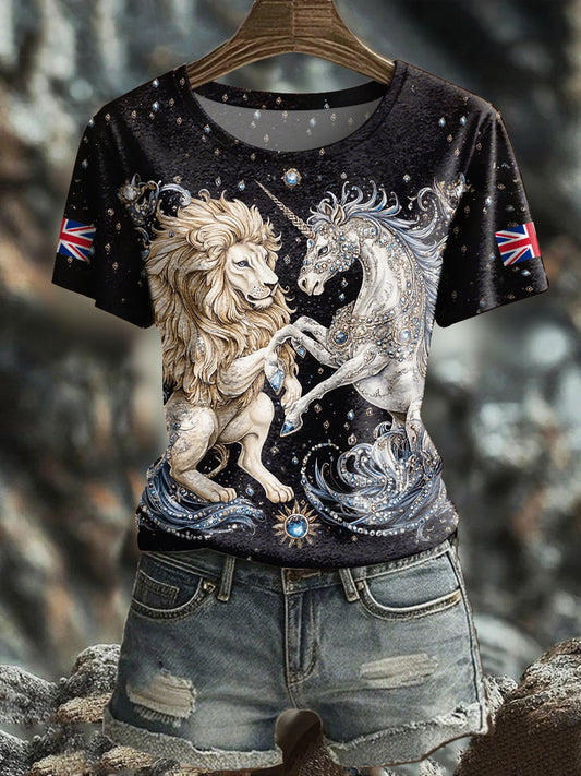 Women's Retro Lion Unicorn UK Flag Printed T-Shirt trupatriotic