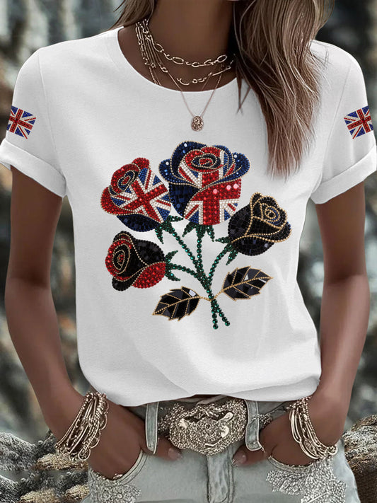 Women's British imitation diamond hot-drilling Printed Iron On Short Sleeve T-Shirt trupatriotic