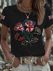 Women's British imitation diamond hot-drilling Printed Iron On Short Sleeve T-Shirt trupatriotic
