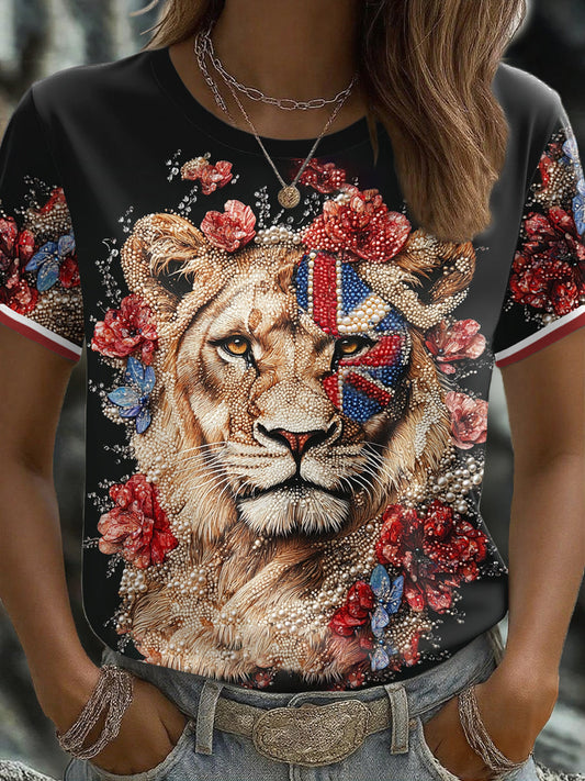 Women's UK Flag Lioness Art Printed T-shirt trupatriotic
