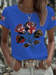 Women's British imitation diamond hot-drilling Printed Iron On Short Sleeve T-Shirt trupatriotic