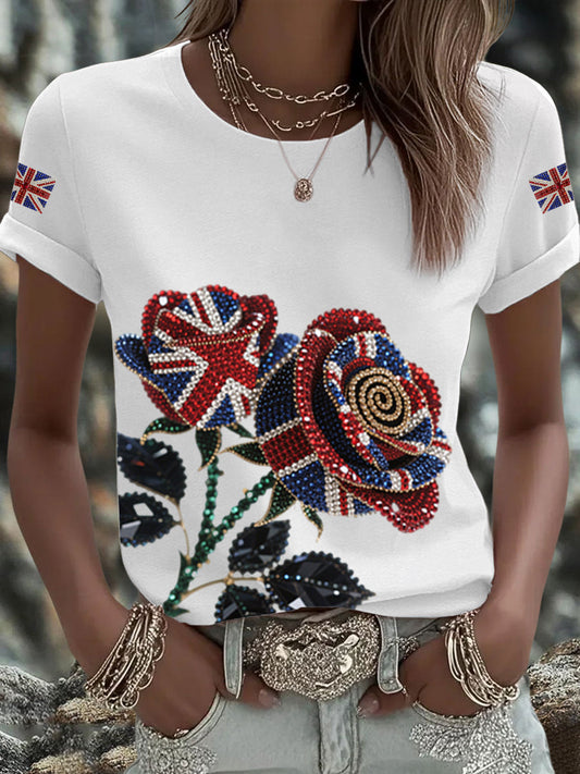 Women's British imitation diamond hot-drilling Printed Iron On Short Sleeve T-Shirt trupatriotic