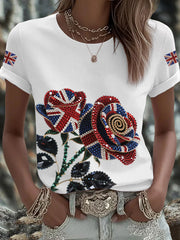 Women's British imitation diamond hot-drilling Printed Iron On Short Sleeve T-Shirt trupatriotic