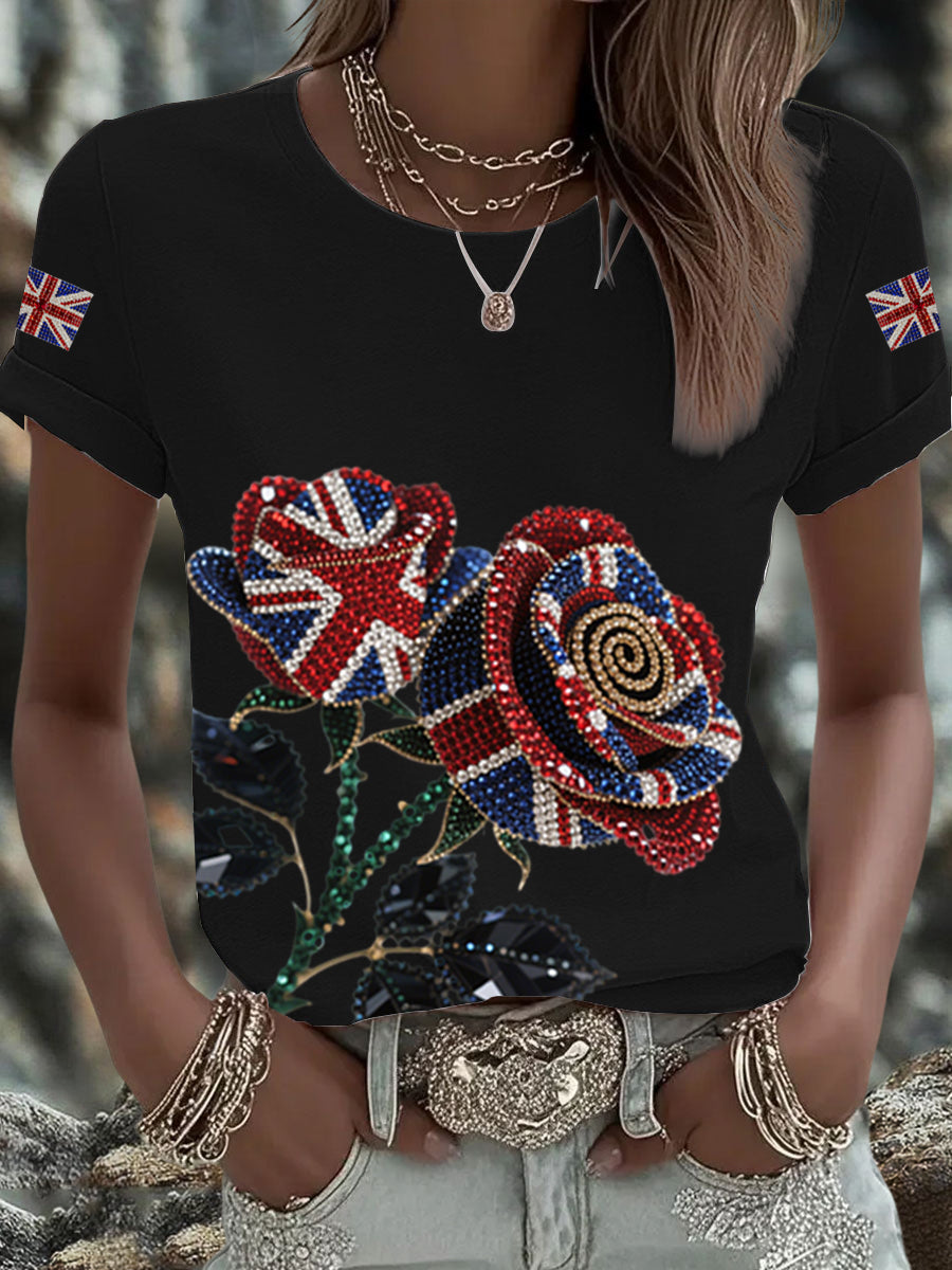 Women's British imitation diamond hot-drilling Printed Iron On Short Sleeve T-Shirt trupatriotic