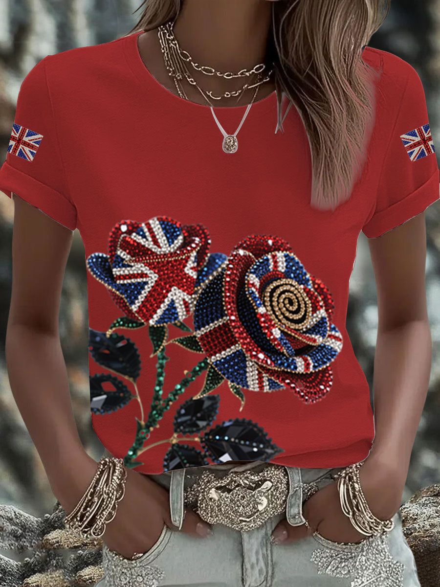 Women's British imitation diamond hot-drilling Printed Iron On Short Sleeve T-Shirt trupatriotic