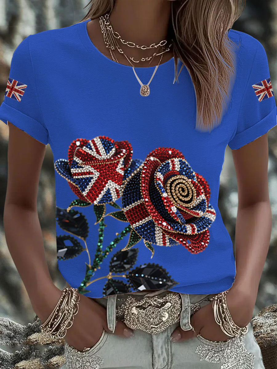 Women's British imitation diamond hot-drilling Printed Iron On Short Sleeve T-Shirt trupatriotic