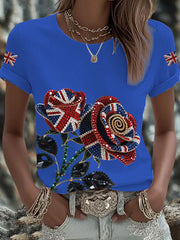 Women's British imitation diamond hot-drilling Printed Iron On Short Sleeve T-Shirt trupatriotic