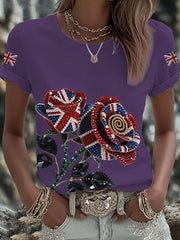 Women's British imitation diamond hot-drilling Printed Iron On Short Sleeve T-Shirt trupatriotic