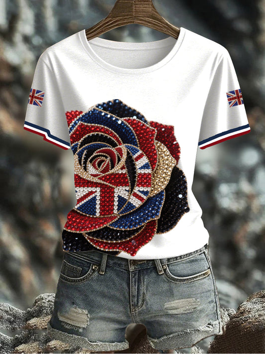 Women's British imitation diamond hot-drilling Printed Iron On Short Sleeve T-Shirt trupatriotic