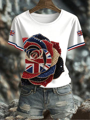Women's British imitation diamond hot-drilling Printed Iron On Short Sleeve T-Shirt trupatriotic