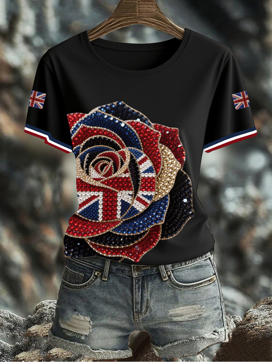 Women's British imitation diamond hot-drilling Printed Iron On Short Sleeve T-Shirt trupatriotic