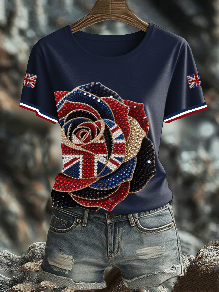 Women's British imitation diamond hot-drilling Printed Iron On Short Sleeve T-Shirt trupatriotic