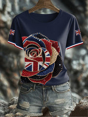 Women's British imitation diamond hot-drilling Printed Iron On Short Sleeve T-Shirt trupatriotic