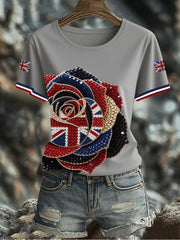 Women's British imitation diamond hot-drilling Printed Iron On Short Sleeve T-Shirt trupatriotic