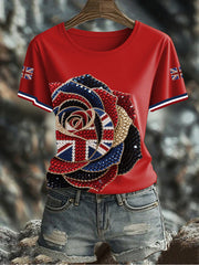 Women's British imitation diamond hot-drilling Printed Iron On Short Sleeve T-Shirt trupatriotic