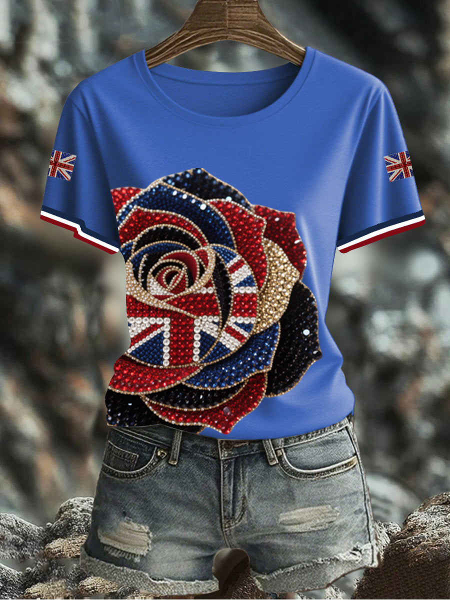 Women's British imitation diamond hot-drilling Printed Iron On Short Sleeve T-Shirt trupatriotic