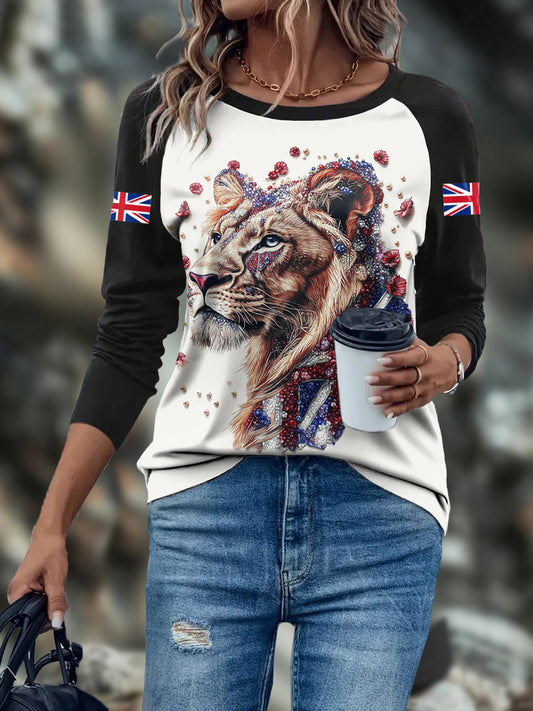 Women's UK Flag Art Lioness Printed Tops trupatriotic