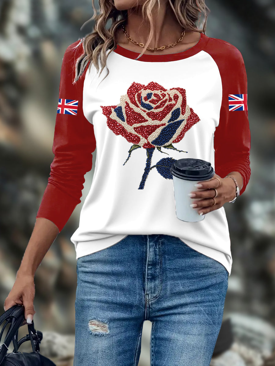 Women's UK Flag Art Rose Printed Tops trupatriotic