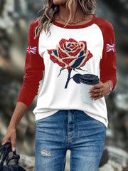 Women's UK Flag Art Rose Printed Tops trupatriotic