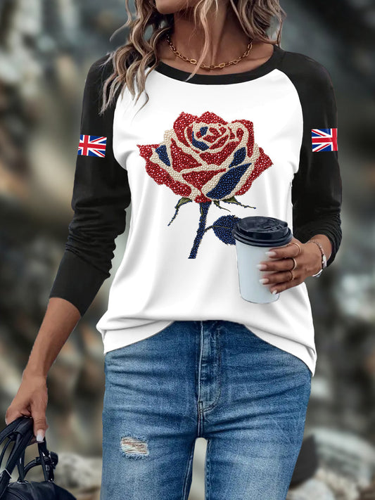 Women's UK Flag Art Rose Printed Tops trupatriotic