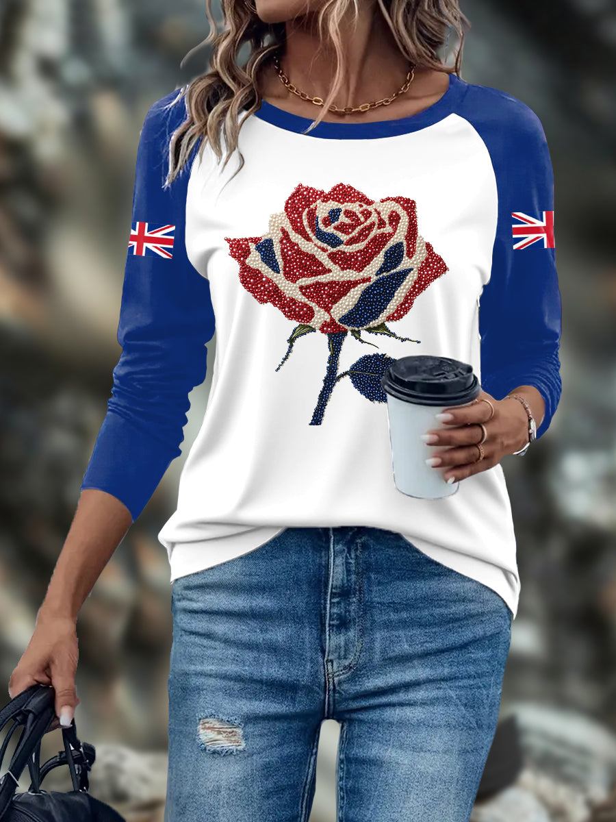 Women's UK Flag Art Rose Printed Tops trupatriotic
