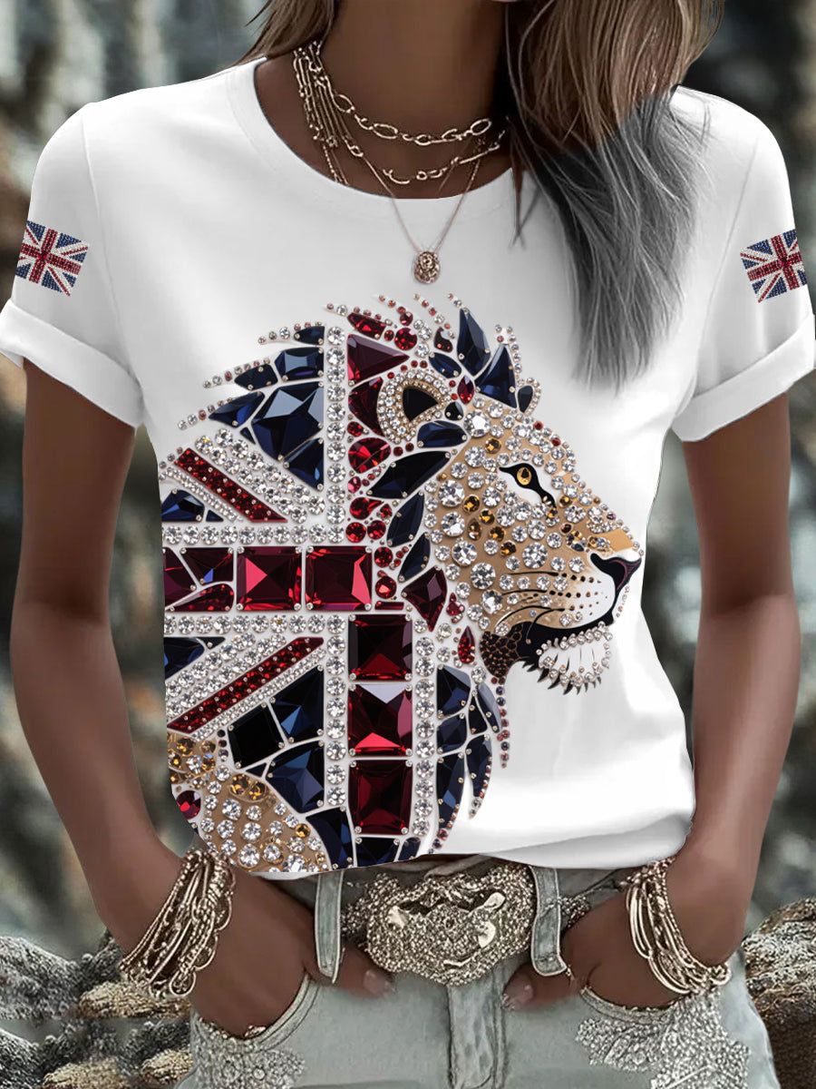 Women's British imitation diamond hot-drilling Printed Iron On Short Sleeve T-Shirt trupatriotic