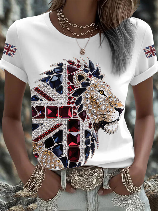 Women's British imitation diamond hot-drilling Printed Iron On Short Sleeve T-Shirt trupatriotic