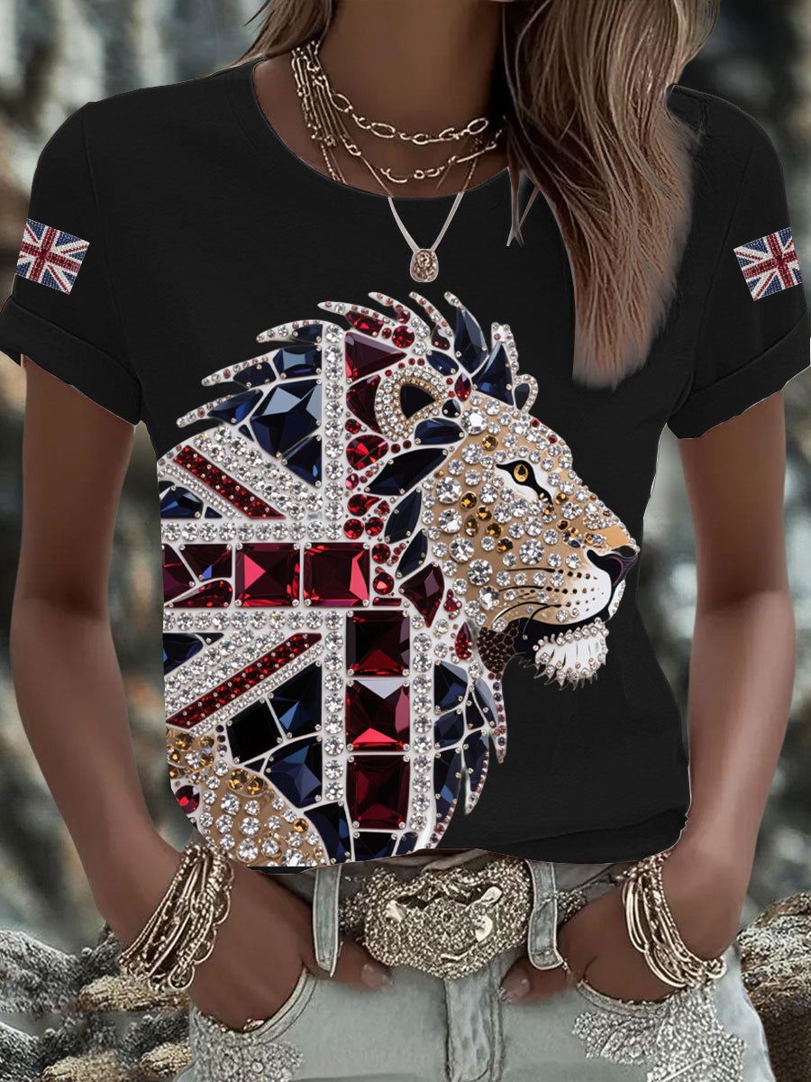 Women's British imitation diamond hot-drilling Printed Iron On Short Sleeve T-Shirt trupatriotic