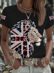 Women's British imitation diamond hot-drilling Printed Iron On Short Sleeve T-Shirt trupatriotic