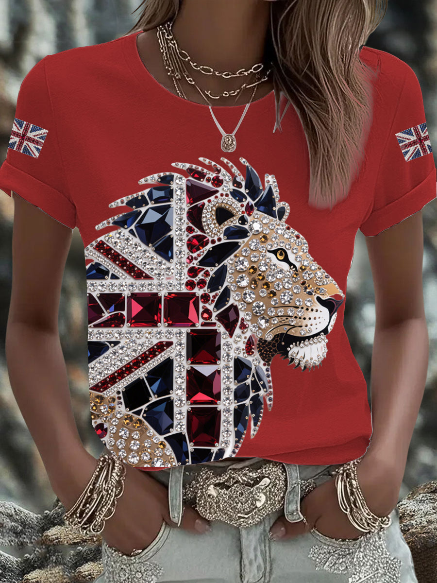 Women's British imitation diamond hot-drilling Printed Iron On Short Sleeve T-Shirt trupatriotic