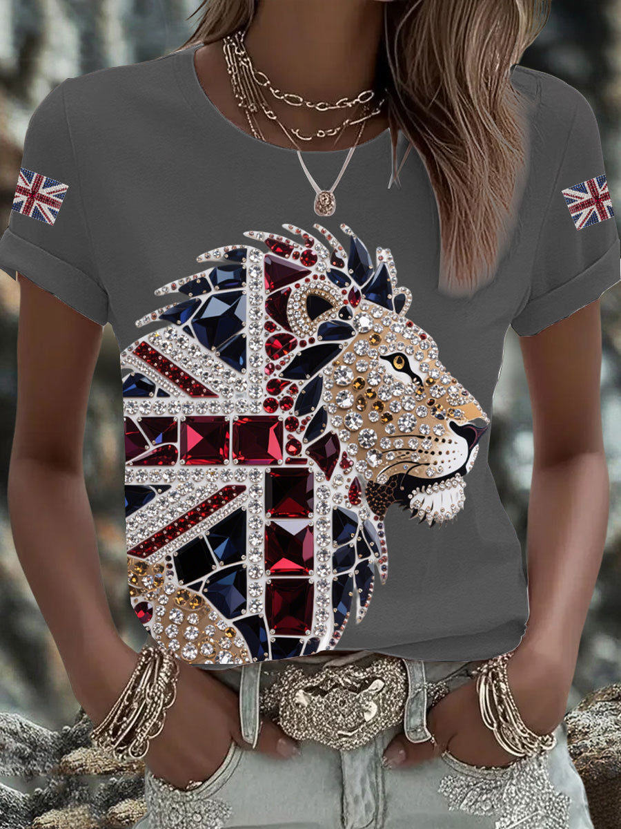 Women's British imitation diamond hot-drilling Printed Iron On Short Sleeve T-Shirt trupatriotic